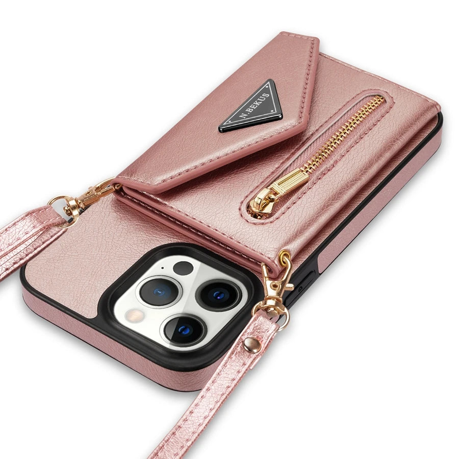 PureGuardCases Crossbody Zipper Wallet iPhone Case – Magnetic Flip Card Holder Leather Cover