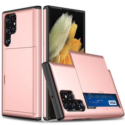 Rose gold dual-layer slide card holder case for Samsung Galaxy S25 to S10, Note 20 and Note 10