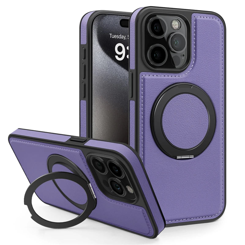 PureGuardCases 360° Rotating Ring Leather iPhone Case – MagSafe Magnetic Stand Cover
