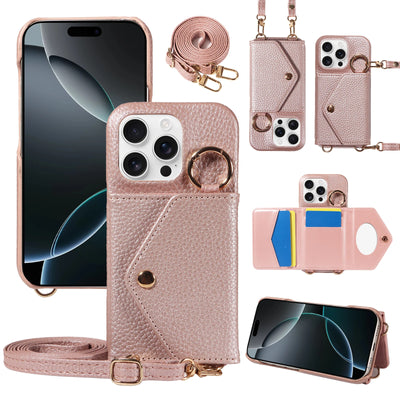 PureGuardCases PU Leather Crossbody Wallet iPhone Case – Mirror Card Holder Protective Cover