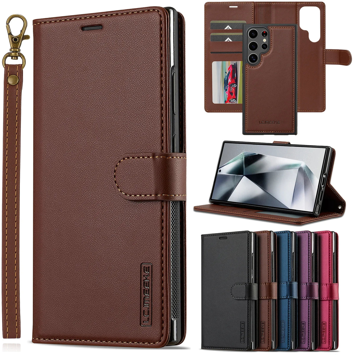 Brown leather flip wallet case showing interior card slots, photo window and wrist strap