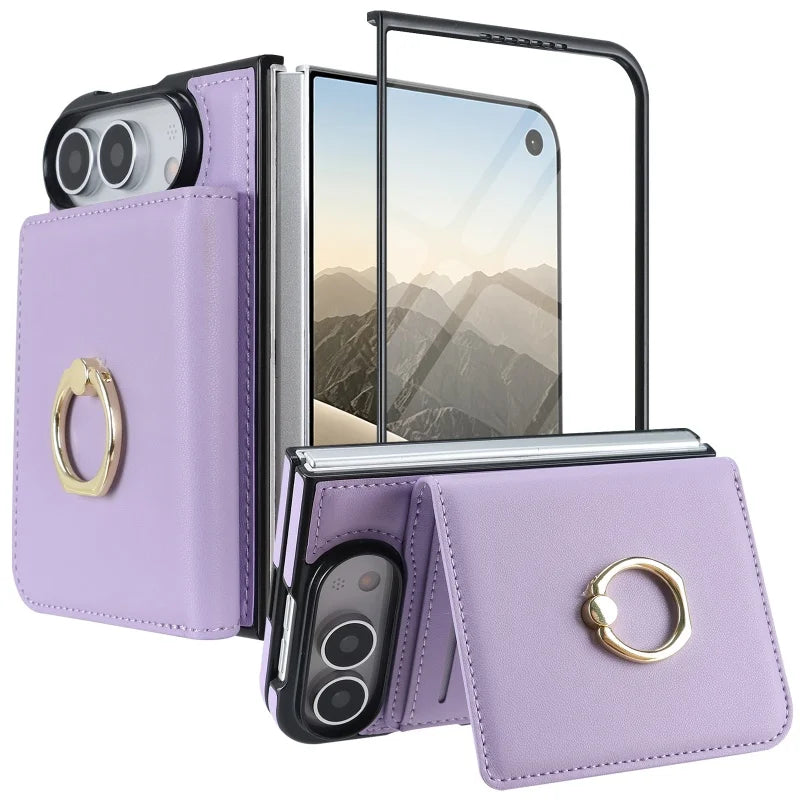 Light purple ring grip leather card wallet case with glass film for iPhone Duo, front and back views