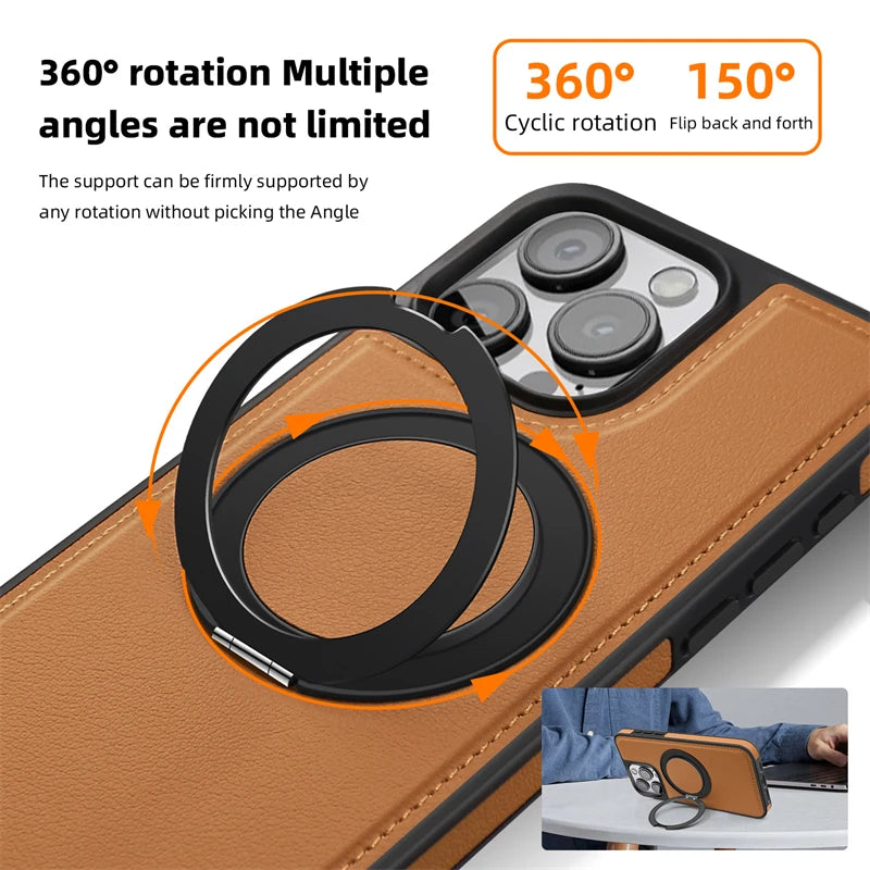 PureGuardCases 360° Rotating Ring Leather iPhone Case – MagSafe Magnetic Stand Cover