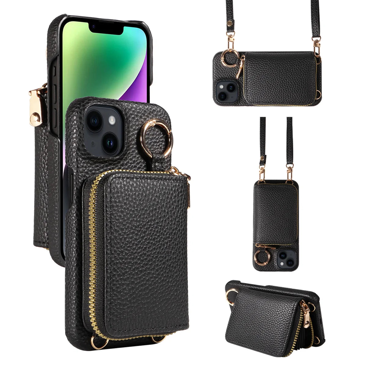 PureGuardCases Faux Leather Crossbody Wallet iPhone Case – Card Holder Protective Cover