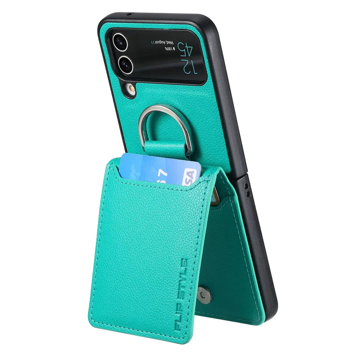 Green magnetic ring holder leather card slot wallet case for Samsung Galaxy Z Flip 7, 7 FE, 6, 5, 4 and 3