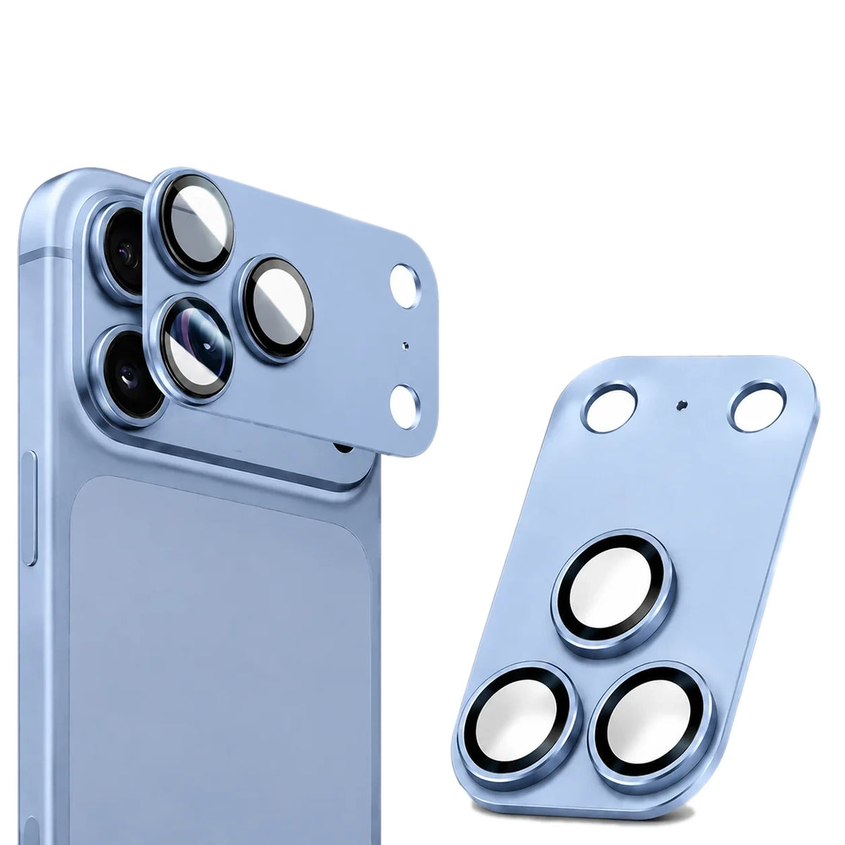 Light blue metal frame camera lens protector next to an iPhone Pro camera