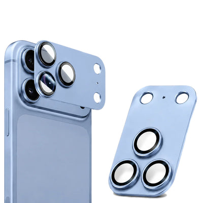 Light blue metal frame camera lens protector next to an iPhone Pro camera