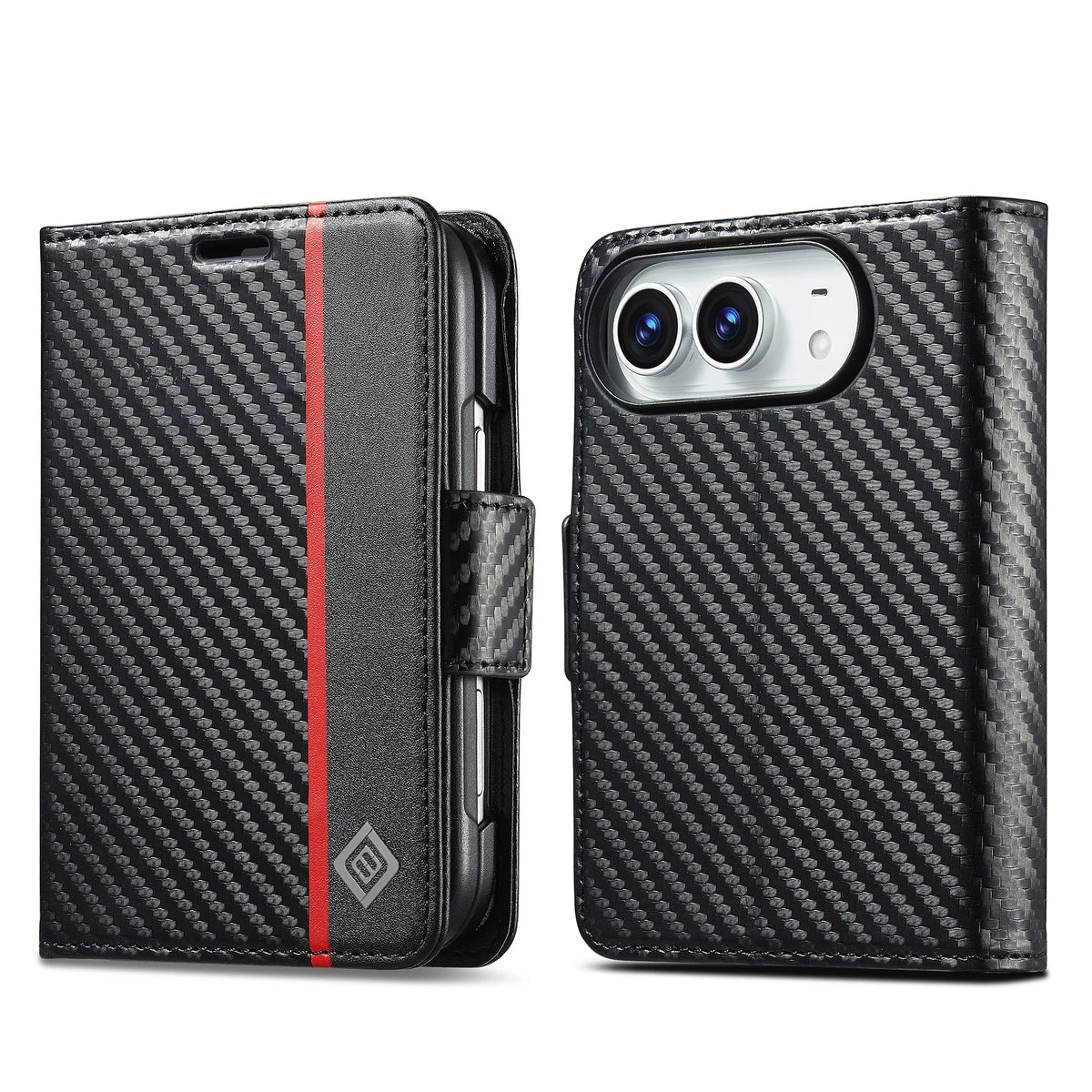 Carbon Fiber Wallet Case iPhone Duo, Black Red V-Stripe