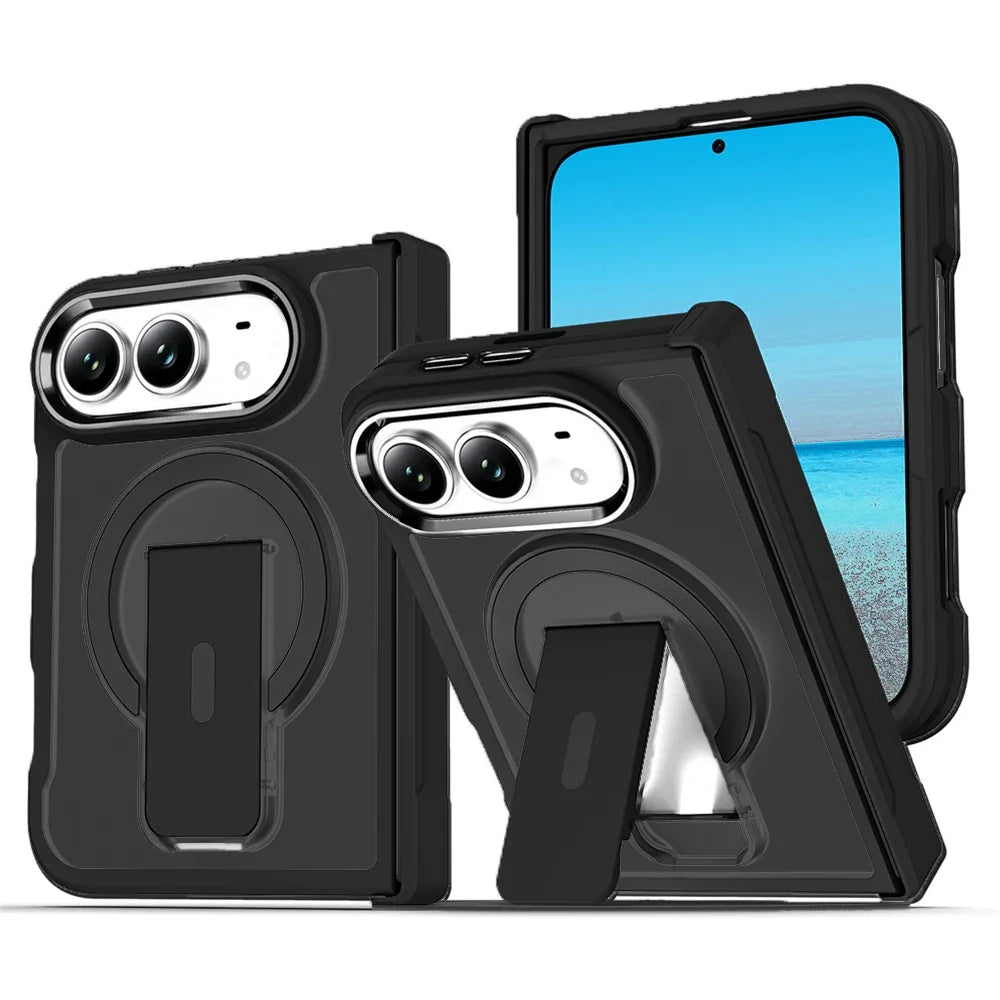 Black hinge-armor frosted translucent MagSafe folding kickstand case for iPhone Duo, front, back and stand views