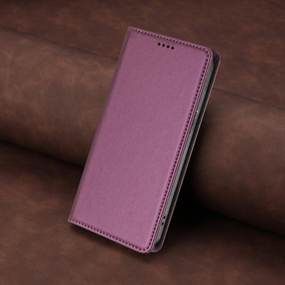 Violet stitched PU leather magnetic flip wallet case for Samsung Galaxy S26 and S25 series, angled closed view