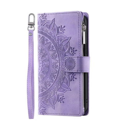 Purple mandala embossed zipper leather wallet case with wrist strap for iPhone