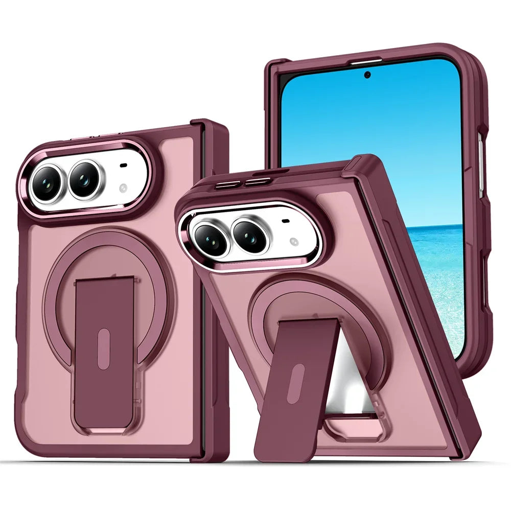Wine red hinge-armor frosted translucent MagSafe folding kickstand case for iPhone Duo, front, back and stand views