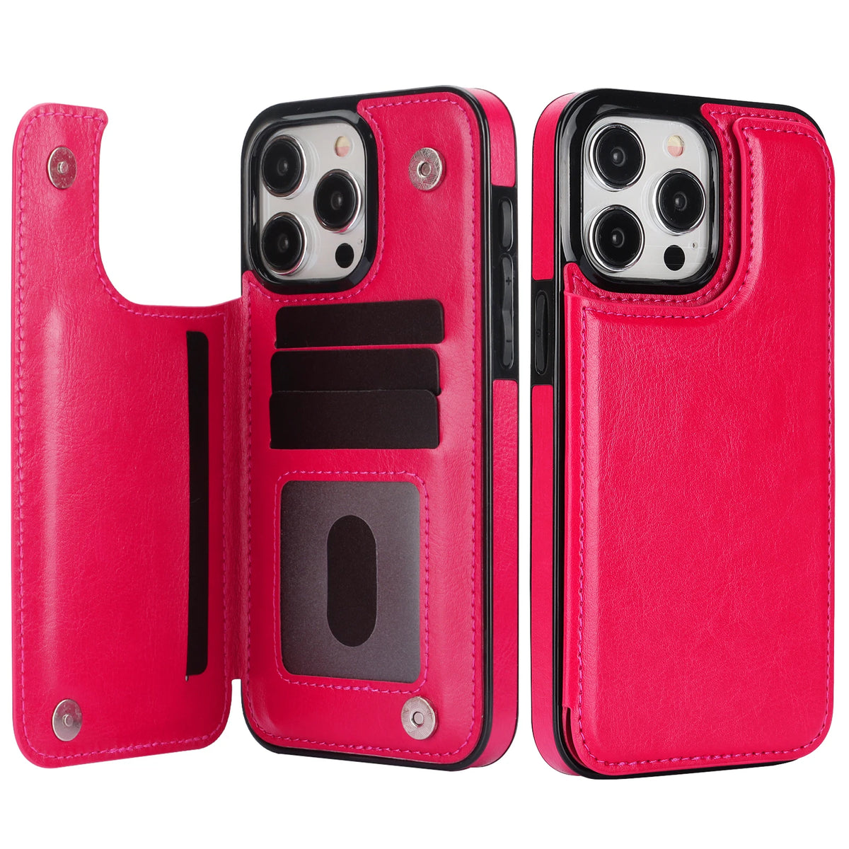 Rose red retro double-clasp leather flip card holder wallet stand case for iPhone 18 to 11 showing open card slots and back