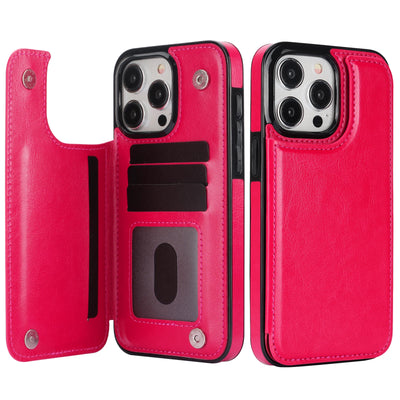 Rose red retro double-clasp leather flip card holder wallet stand case for iPhone 18 to 11 showing open card slots and back