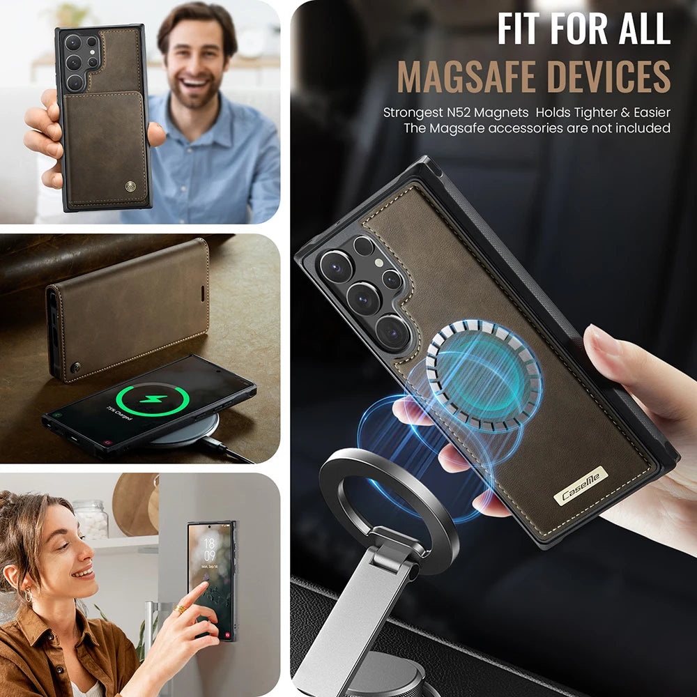 PureGuardCases Detachable Magnetic Wallet Leather Flip Case for Samsung Galaxy S20-S26 - MagSafe Book Cover