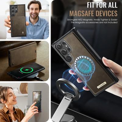PureGuardCases Detachable Magnetic Wallet Leather Flip Case for Samsung Galaxy S20-S26 - MagSafe Book Cover