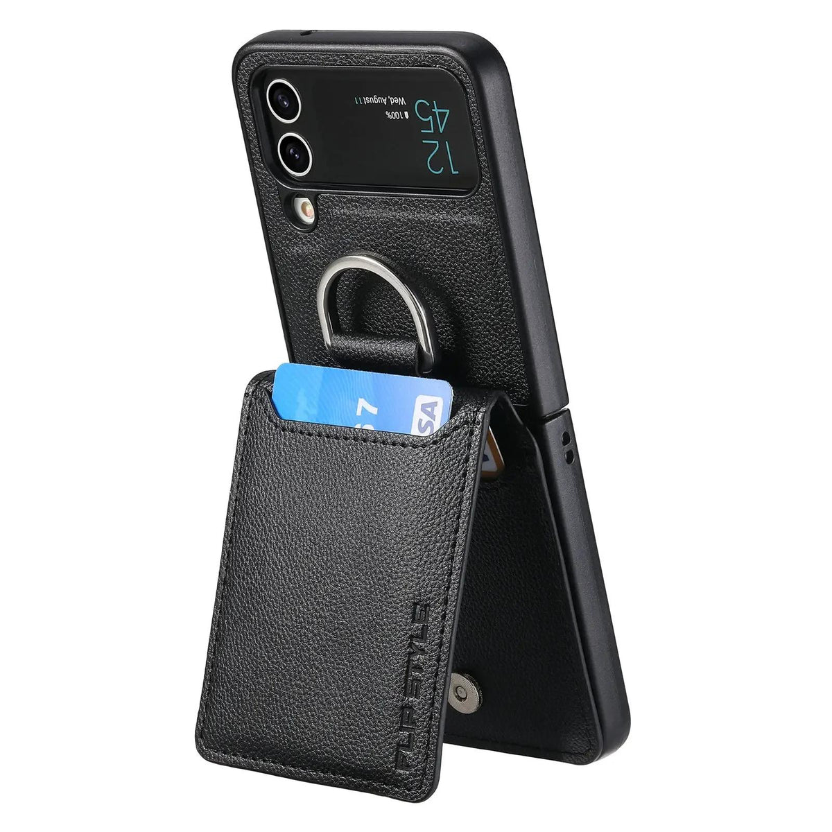 Black magnetic ring holder leather card slot wallet case for Samsung Galaxy Z Flip 7, 7 FE, 6, 5, 4 and 3