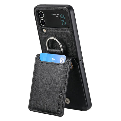 Black magnetic ring holder leather card slot wallet case for Samsung Galaxy Z Flip 7, 7 FE, 6, 5, 4 and 3