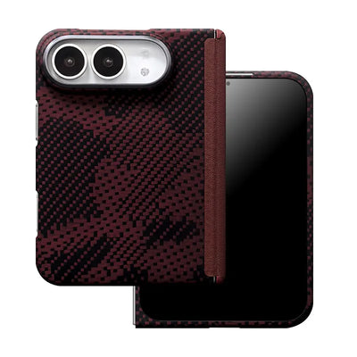 Red and black patterned aramid fiber slim MagSafe case for iPhone Duo, front and back views
