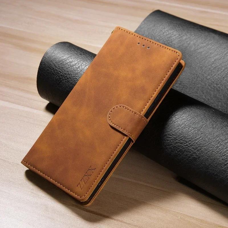 Brown magnetic flip leather wallet case with wrist strap for Samsung Galaxy Note 20 Ultra, Note 10 Plus and Note 9