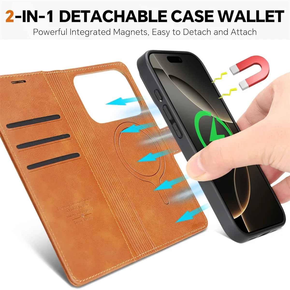 PureGuardCases 2-in-1 Magnetic Leather Wallet iPhone Case – MagSafe Card Holder Cover