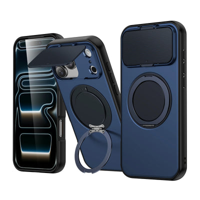 Blue 360-degree rotatable MagSafe ring stand rugged case with flip camera cover for iPhone 17 to 11, back and front views
