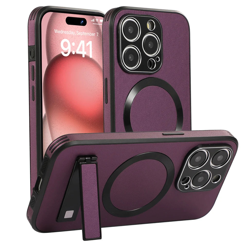 PureGuardCases Luxury Leather Stand iPhone Case – MagSafe Shockproof Cover