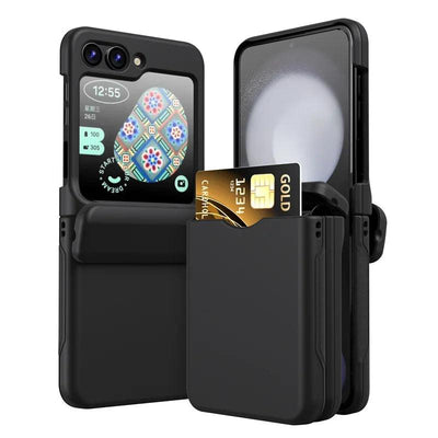 Black Galaxy Z Flip card holder hinge case, front and back view