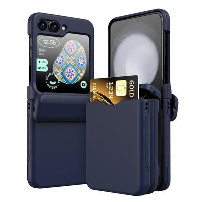 Blue Galaxy Z Flip card holder hinge case, front and back view