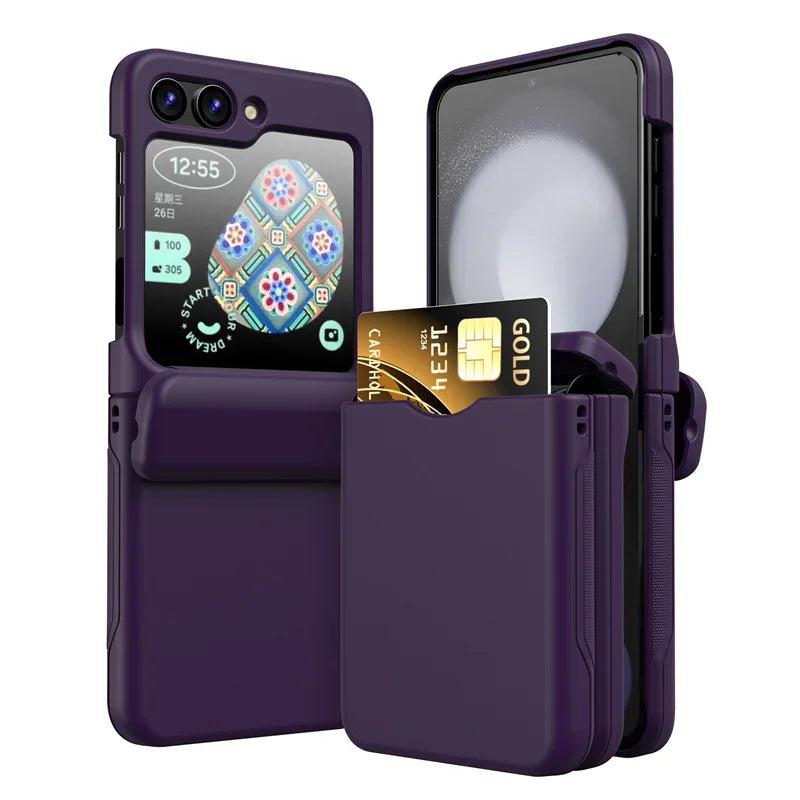 Deep purple Galaxy Z Flip card holder hinge case, front and back view