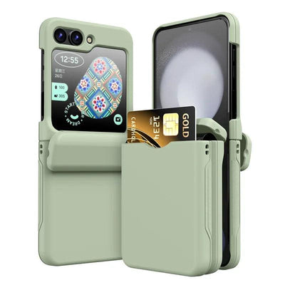 Green Galaxy Z Flip card holder hinge case, front and back view