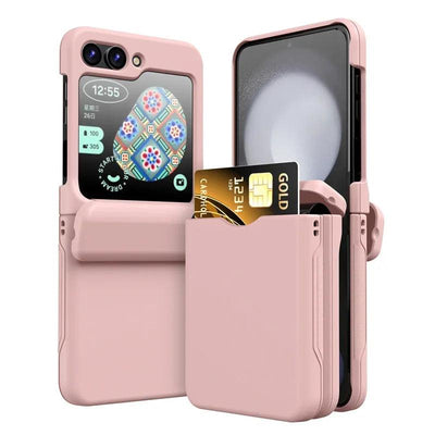 Pink Galaxy Z Flip card holder hinge case, front and back view