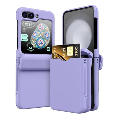 Purple card holder hinge case for Galaxy Z Flip, front and back view with a card in the back slot