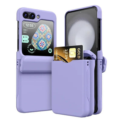 Purple Galaxy Z Flip card holder hinge case, front and back view