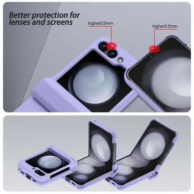 Raised edges around the camera lenses and screen of the Galaxy Z Flip card holder case