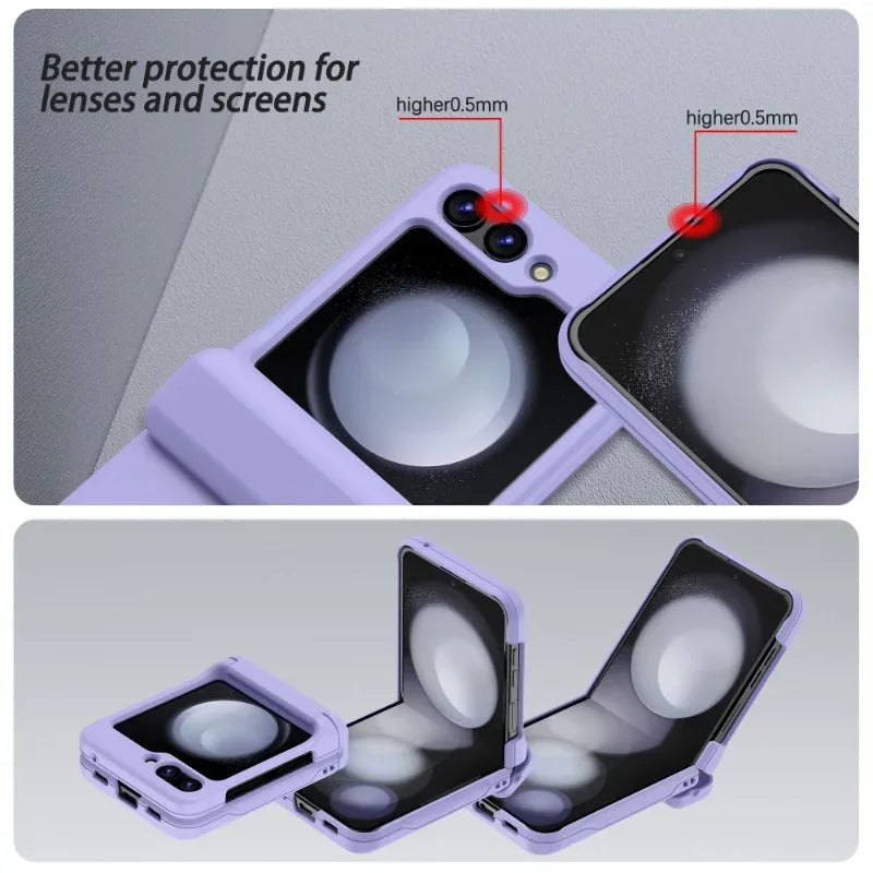 Raised edges around the camera lenses and screen of the Galaxy Z Flip card holder case