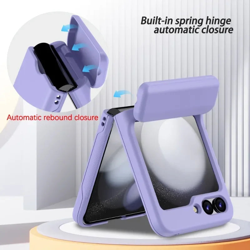 Purple card holder case showing the spring-loaded hinge cover that closes automatically
