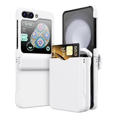 White Galaxy Z Flip card holder hinge case, front and back view