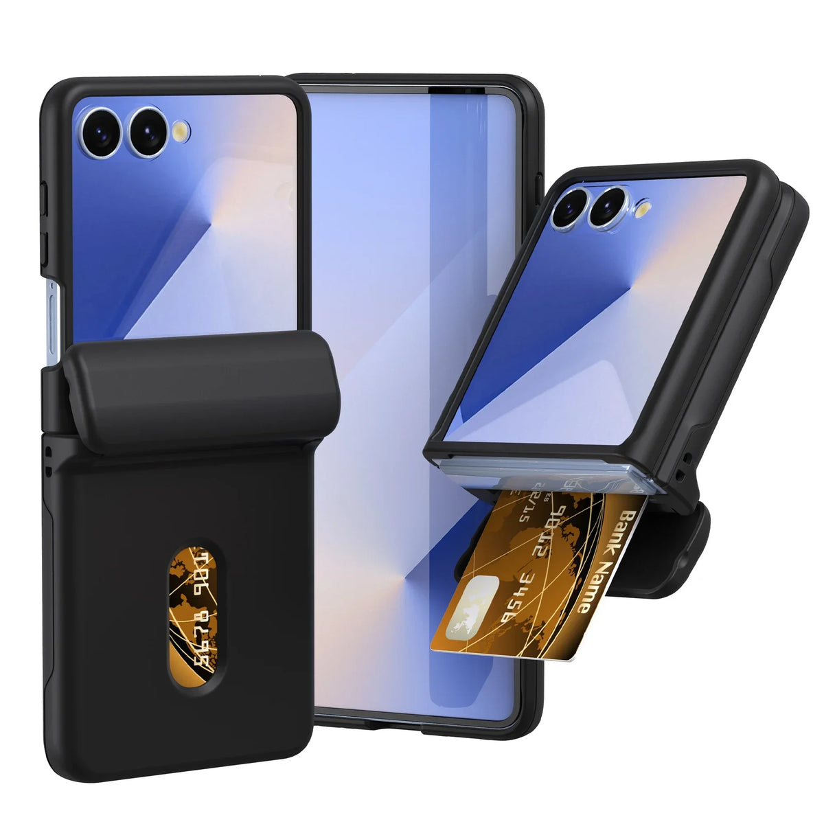 Black card holder hard shell case with hinge flap and screen film for Galaxy Z Flip 7, 6 and 5, three views