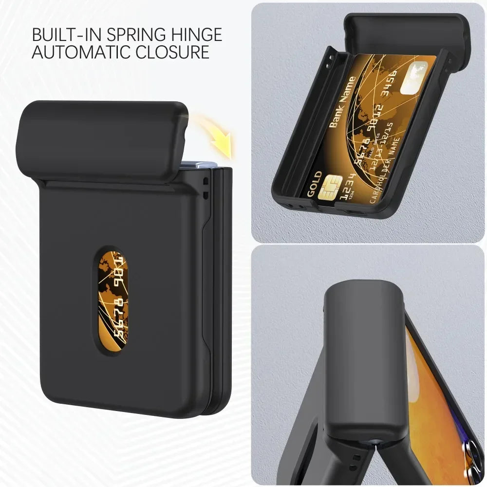 Automatic spring-return hinge cover protecting the folding spine and card slot on the Galaxy Z Flip case
