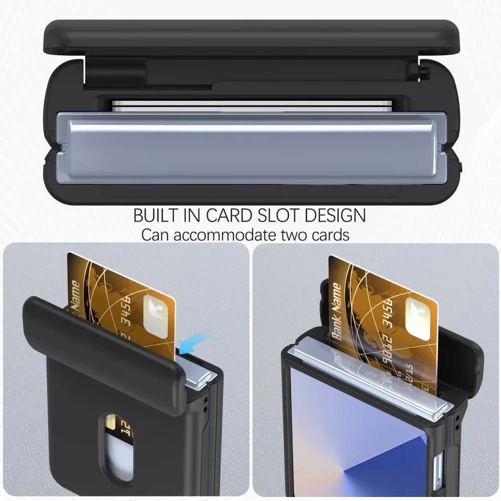 Built-in spring hinge card compartment holding up to two cards on the Galaxy Z Flip 7, 6 and 5 case