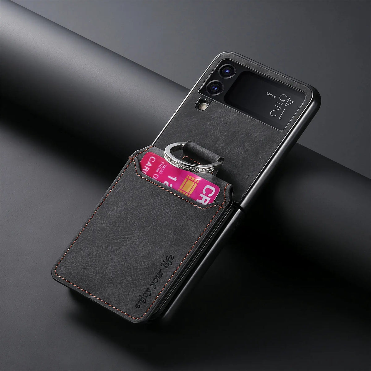 Black vintage leather ring wallet case for Galaxy Z Flip