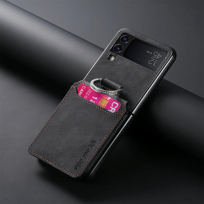 Black vintage leather ring wallet case for Galaxy Z Flip