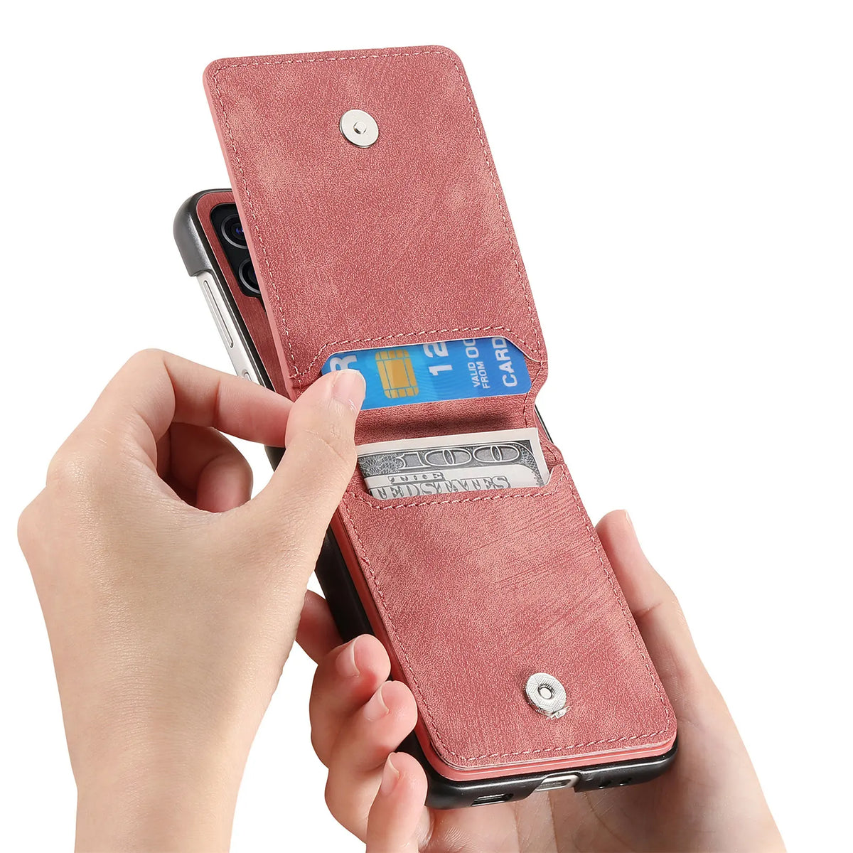 Pink wallet case with the snap flap open to show the card slots and cash sleeve