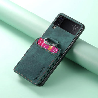 Green vintage leather ring wallet case for Galaxy Z Flip