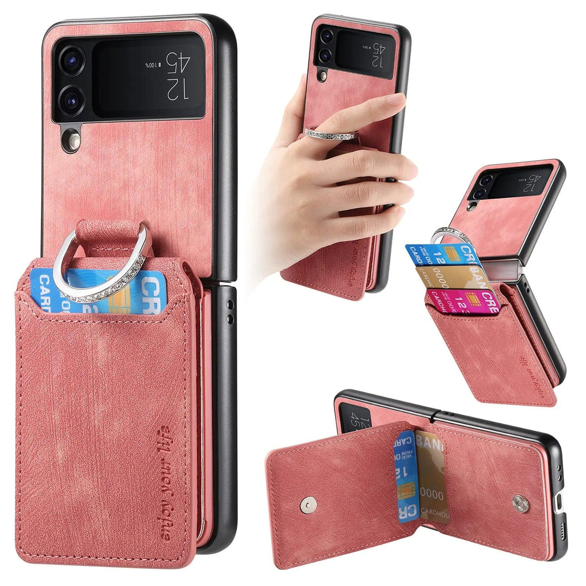 Pink card slot ring wallet case for Galaxy Z Flip shown from the back, in hand and folded