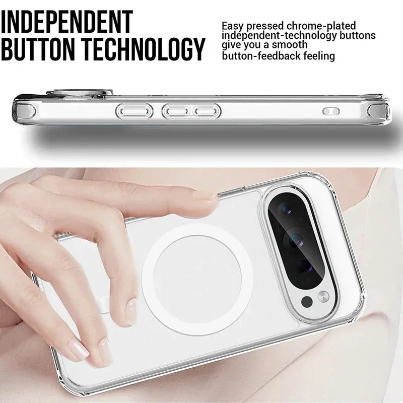 Chrome-plated side buttons and clear magnetic back of the slim Pixel case