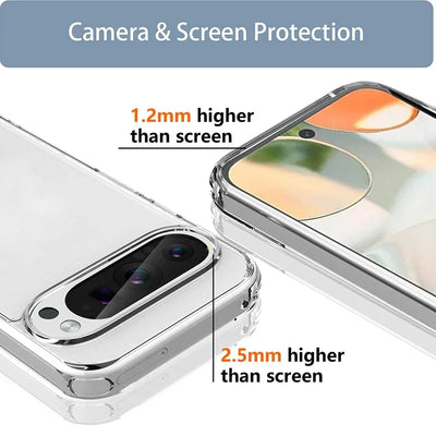 Raised edges on the clear Pixel case, 2.5 mm above the camera and 1.2 mm above the screen