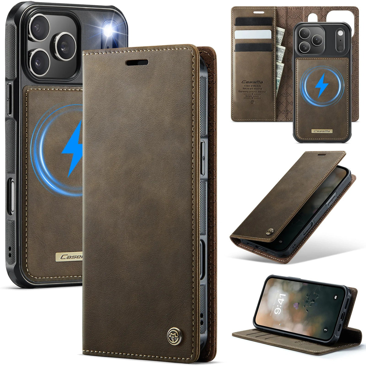 Black 2-in-1 detachable MagSafe leather wallet case for iPhone 17 Pro Max, iPhone Air and iPhone 11-16, single folio view