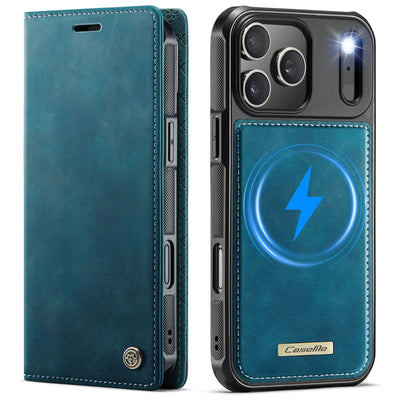 Blue 2-in-1 detachable MagSafe leather wallet folio and inner bumper case for iPhone 17, Air and 11-16 series